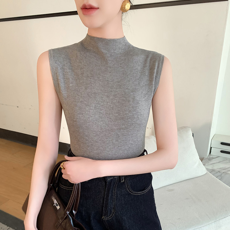2025 Spring and Summer New Worsted Wool Half Turtleneck Knitted Vest Pure Color Slim Slim Sleeveless Pullover Top