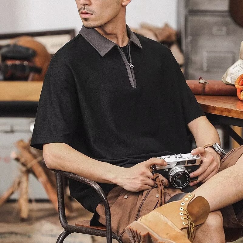夏厚手ルーズジッパーラペルスポーツメンズトレンディな半袖Tシャツアメリカンレトロポロシャツメンズ半袖