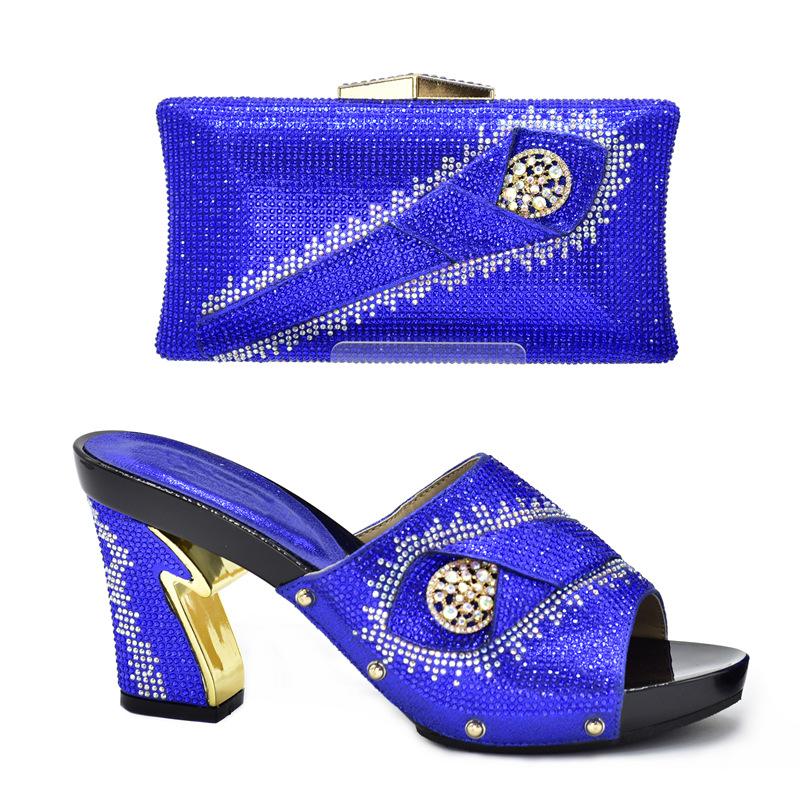 Diamond pattern royal blue casual high-heeled fashion sandals with round head and banquet handbag set_voghion.com