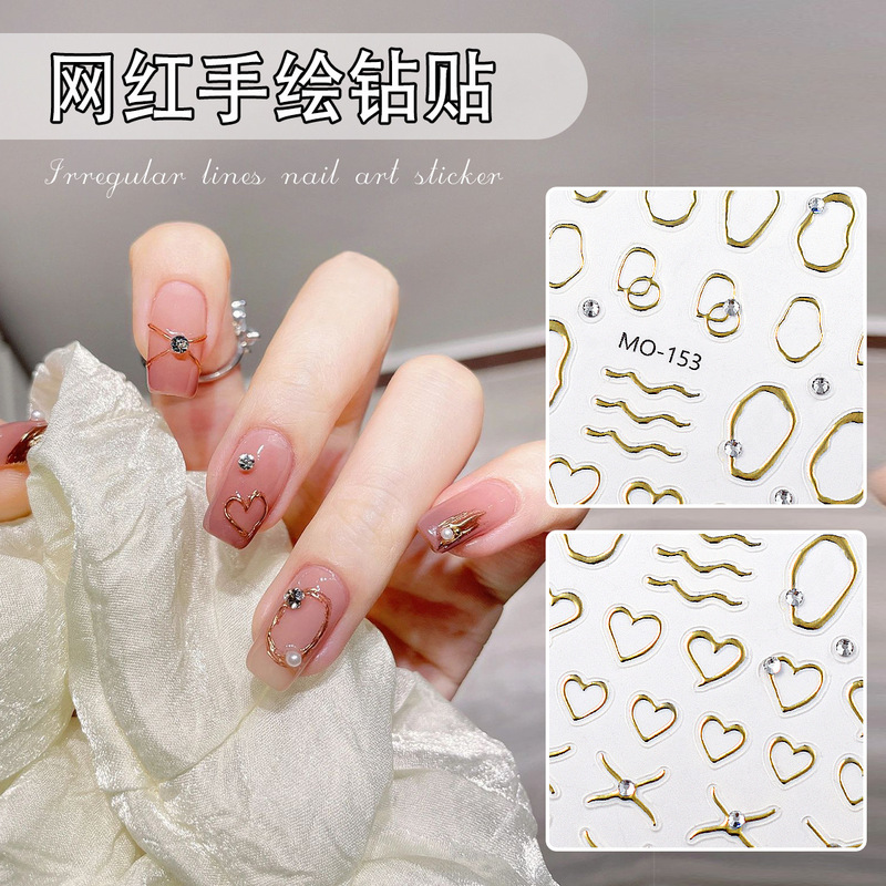 Internet celebrity metal frame stickers gold silver nail vintage crystal diamond hollow mirror geometric frame line nail decoration