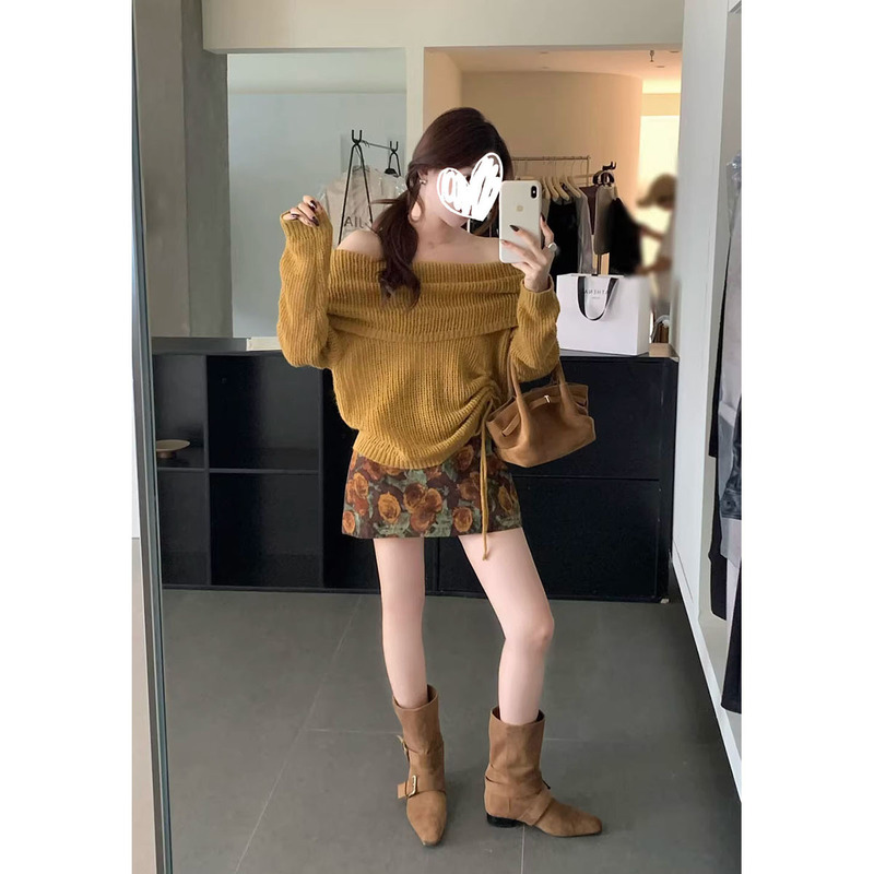 高级感气质套装女2025秋季新款翻领抽褶针织衫印花半身裙两件套潮|undefined