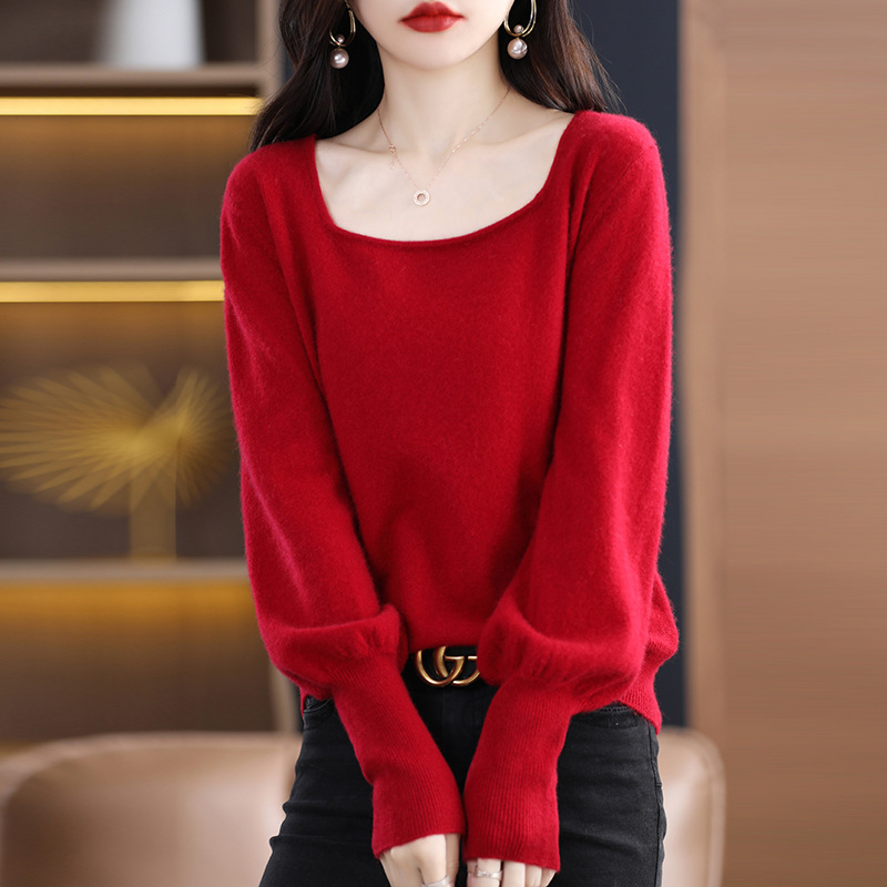 24 Autumn and Winter New Square Collar Flat Solid Color Lantern Sleeve Loose Slimming Commuter All Wool Women's Knitted Pullover