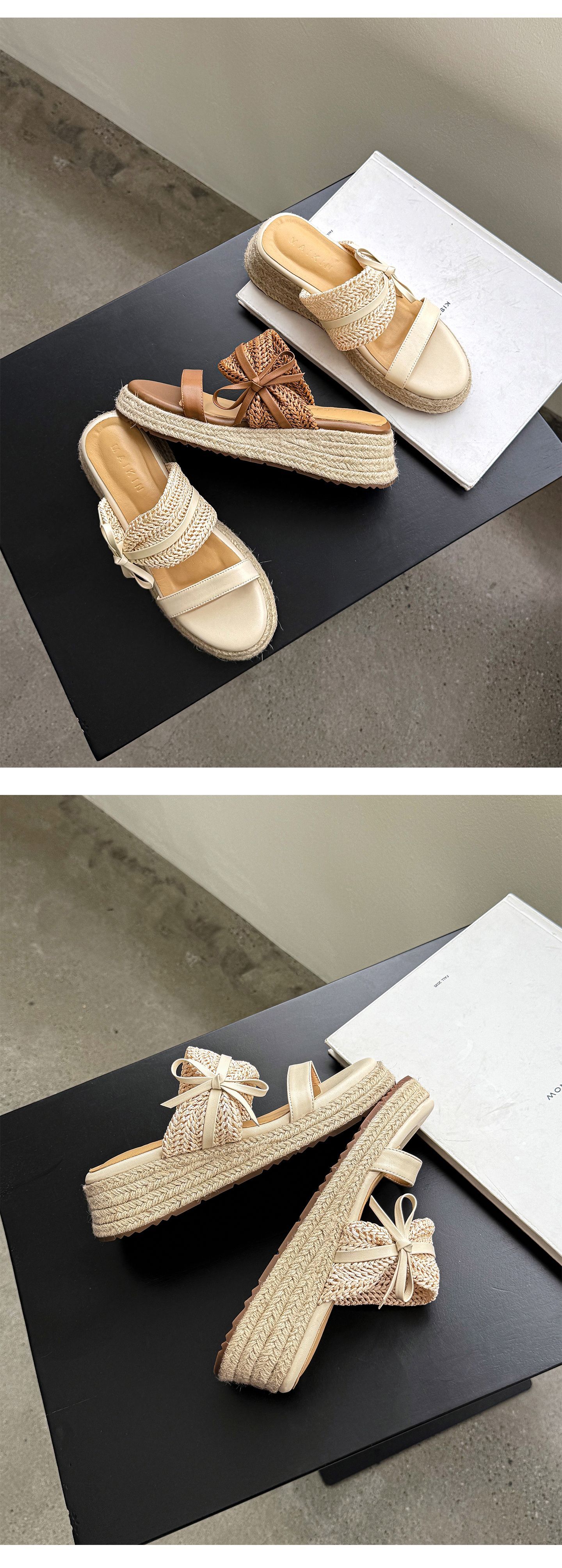 Dép sandal xỏ ngón nữ đế đan rơm cao gót nơ bướm — màu nâu, màu trắng ngà chi tiết 8