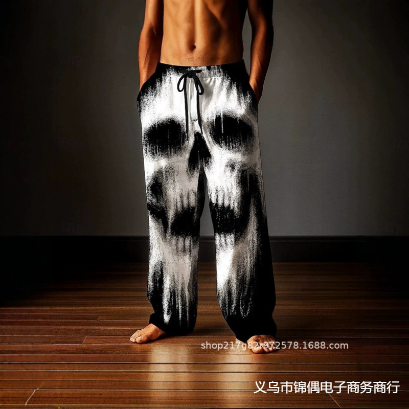 Cross-border Amazon Halloween Men's Casual Pants Printed Fashion Dark Gothic Style Drawstring Straight Wide-Leg Pants Cross-border Amazon Halloween Men's Casual Pants Printed Fashion Dark Gothic Style Drawstring Straight Wide-Leg Pants