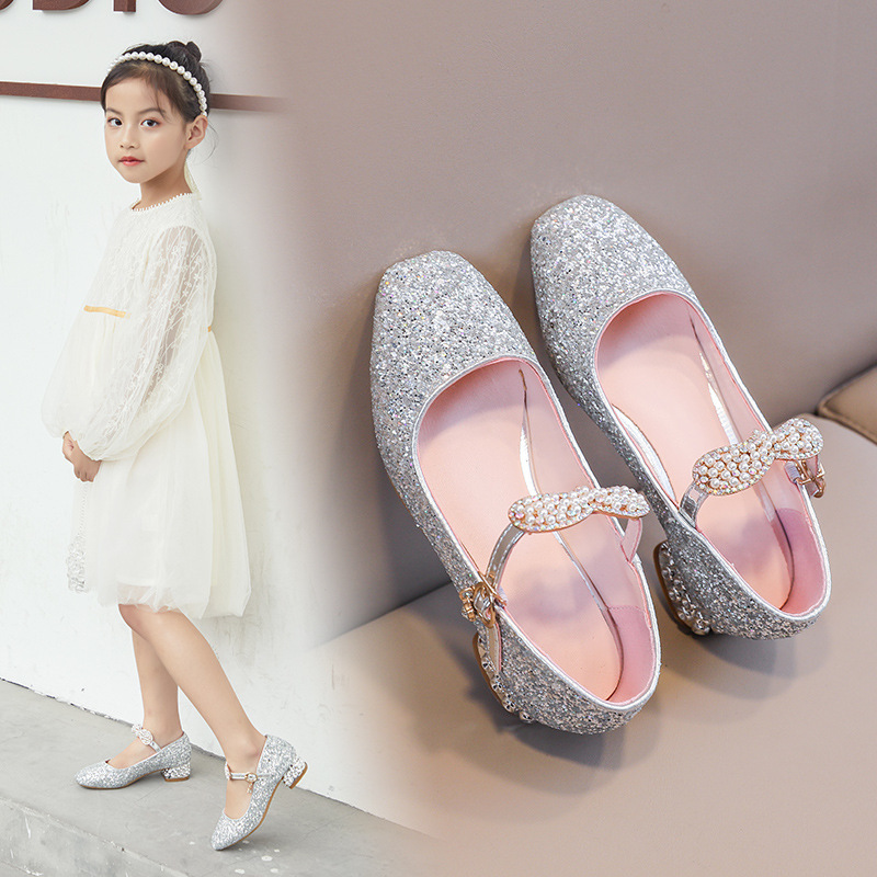 11-year-old children's high heels 2021 little girl catwalk piano watch performance host girls' leather shoes Princess crystal shoes