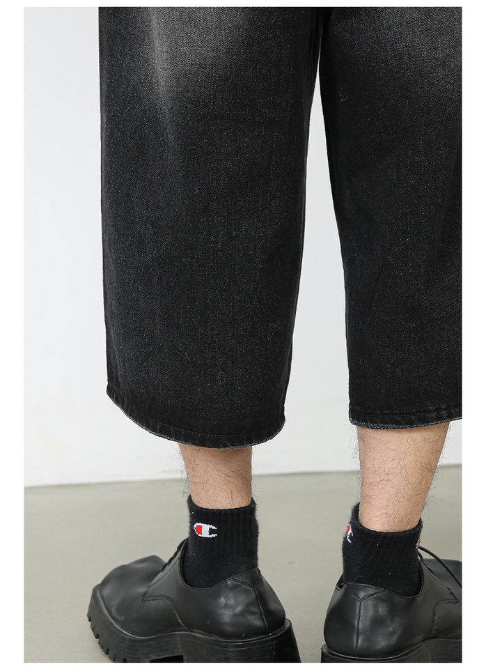 Quần jean nam ống rộng lửng 7/10 phong cách Hàn, lưng cao thoải mái — Làm cũ, Màu trắng, Màu xanh denim thô, Màu đen thô chi tiết 13