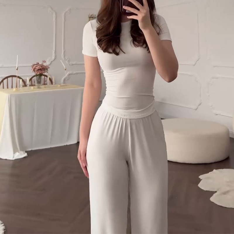 European and American Women's Clothing 2026 Spring New Fashion Round Neck Slim Casual Versatile Loose Elastic Wide-Leg Pants Set for Women European and American Women's Clothing 2026 Spring New Fashion Round Neck Slim Casual Versatile Loose Elastic Wide-Leg Pants Set for Women