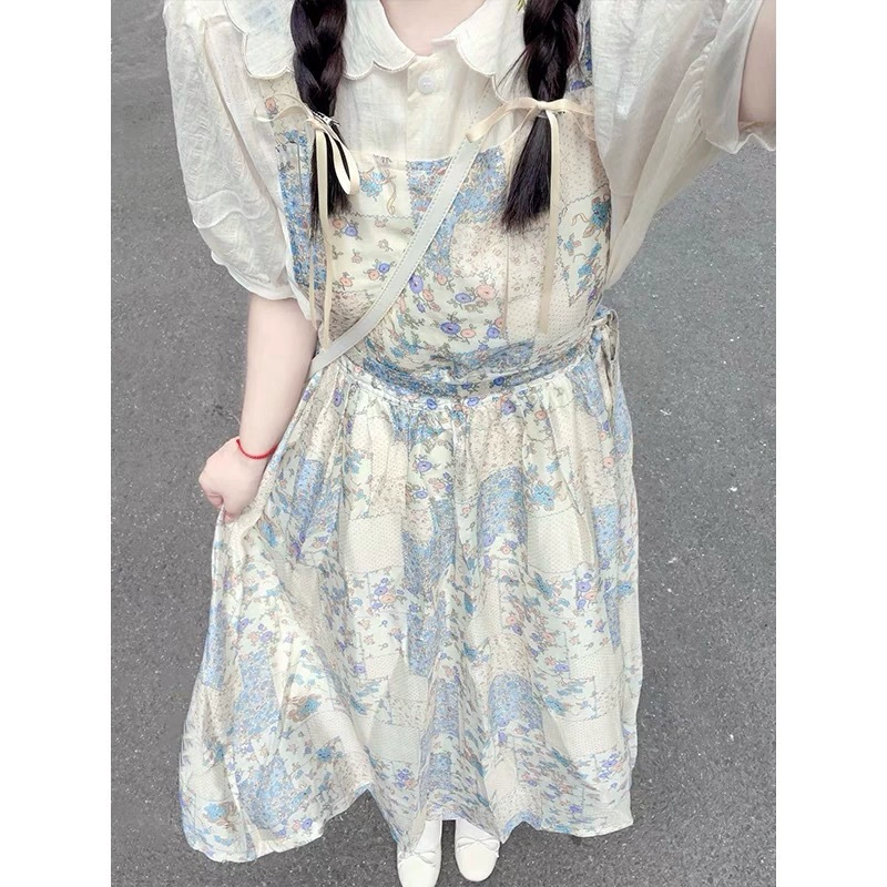 Ретро цветочная корейская кукольная рубашка с воротником, милая цельная юбка на подтяжках, женское летнее длинное платье, комплект из двух предметов