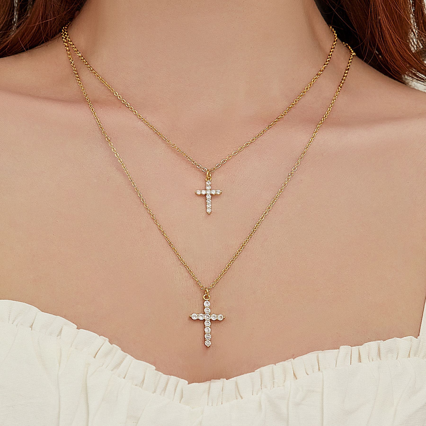 high-grade diamond cross pendant double-layer stacked clavicle chain hot selling electroplated gold copper necklace_voghion.com