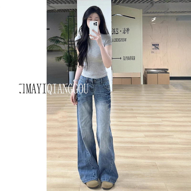 Longer Version of American Retro Low-Waist Flared Jeans for Tall Women, High-Waisted Slimming Hot Girl Floor-Length Pants for Spring and Autumn Longer Version of American Retro Low-Waist Flared Jeans for Tall Women, High-Waisted Slimming Hot Girl Floor-Length Pants for Spring and Autumn