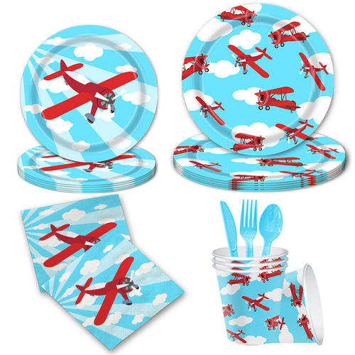 Airplane theme party children's party party tableware birthday disposable tissue paper plate paper cup pull flag tablecloth