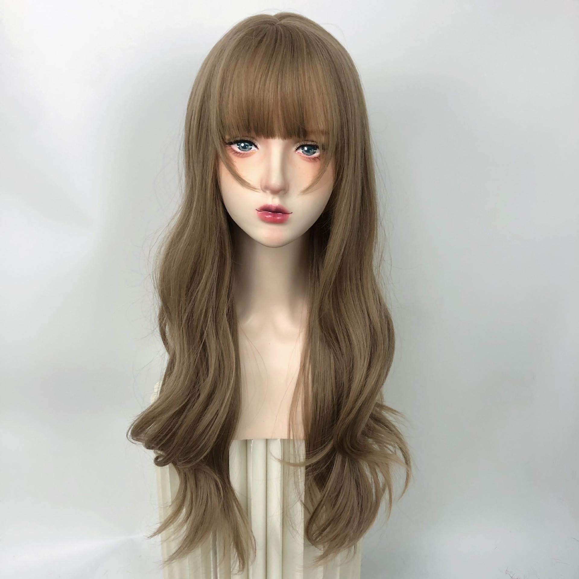 Cheng Ming Wig Women's Honey Tea Linen Long Curly Hair Large Wave Breathable Summer Fashion Air Bangs Full Head Cover