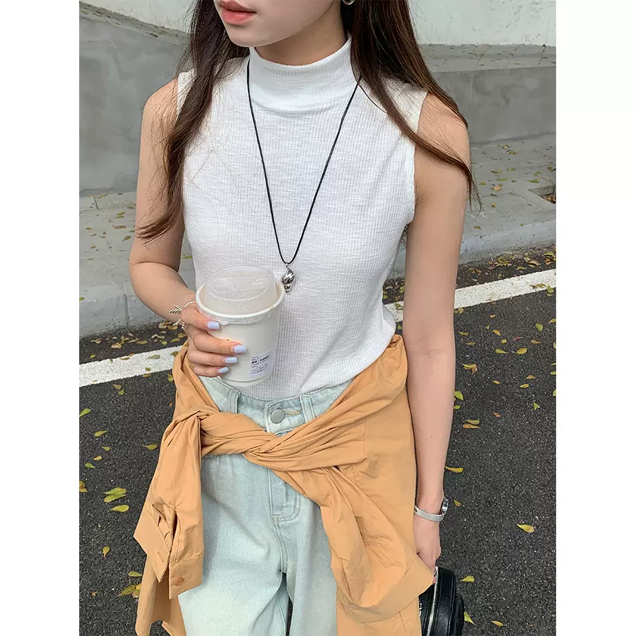 黄峥 韩系半高领纯色无袖吊带背心女2025春夏打底衫T恤女141TH098