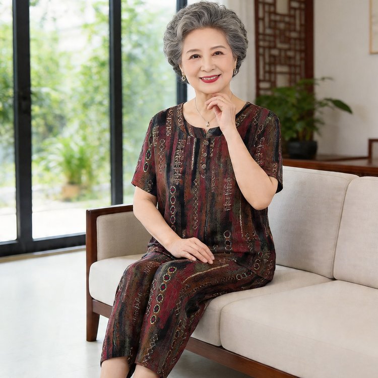 Elderly women's summer cotton silk pajamas set, artificial cotton sleepwear for mothers, 70-80 year old grandma's summer cotton silk two-piece set Elderly women's summer cotton silk pajamas set, artificial cotton sleepwear for mothers, 70-80 year old grandma's summer cotton silk two-piece set