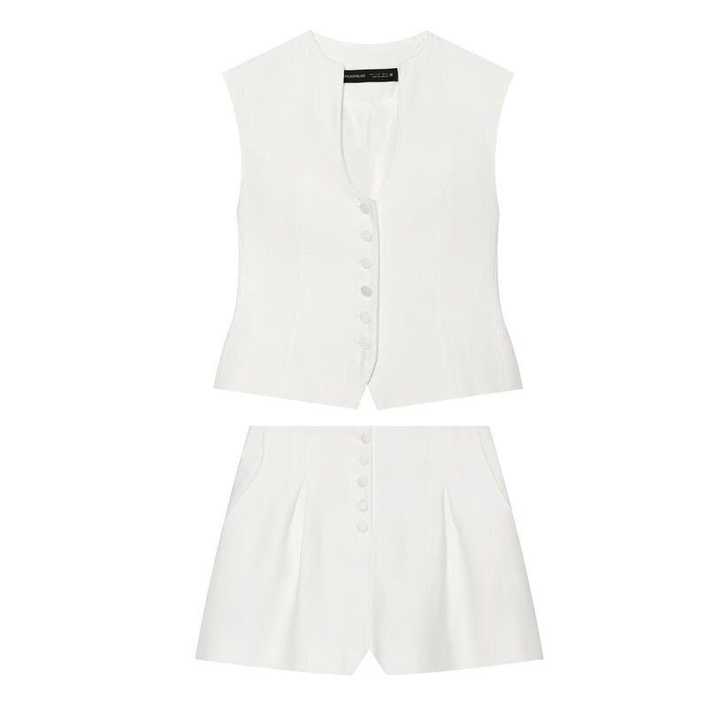 PB&ZA women's sleeveless V-neck A-line hem top with button decoration 7755463 + pleated straight shorts 7752463