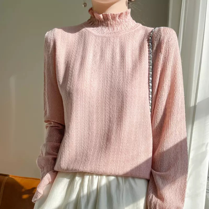 精纺蕾丝羊毛薄款打底衫女春秋新款半高领毛衣镂空根纱针织上衣