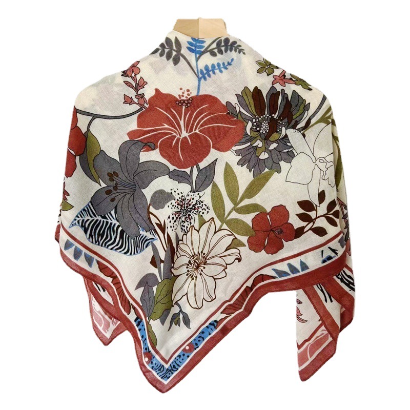 Spring and Summer 90*90 Cotton and Linen Printed Square Scarf Women's Korean Style Fashionable Thin All-match Shawl Decorative Silk Scarf Headscarf