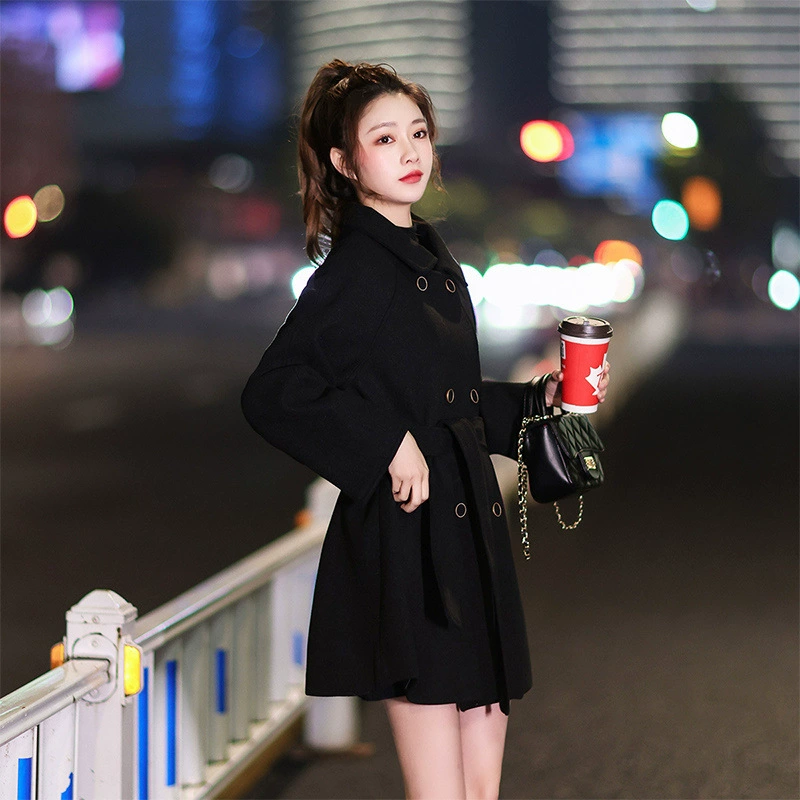 Warm demi-season black long woolen coat, for teenagers, mid-length, city style