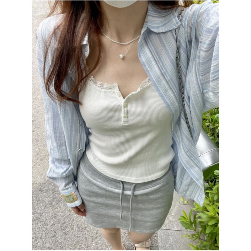 Summer Thin Sunscreen Shirt Top Women's Design Sense Loose Slimming Lazy Long-sleeved Blue Striped Casual Shirt Summer Thin Sunscreen Shirt Top Women's Design Sense Loose Slimming Lazy Long-sleeved Blue Striped Casual Shirt