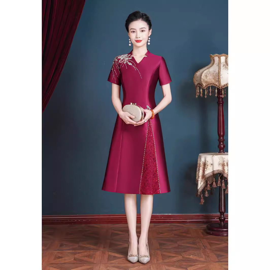 古蕴跨境热卖复古优雅中国风喜妈妈晚礼服婚宴喜婆婆敬酒服连衣裙