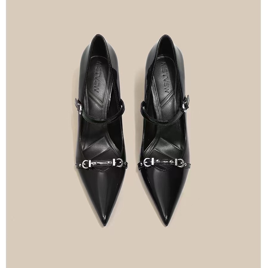 2025 Fall New Black Elegant Single-Strap Stiletto High For Women, Niche Metal Buckle Pointed Toe Shallow Heels_vogvips.com