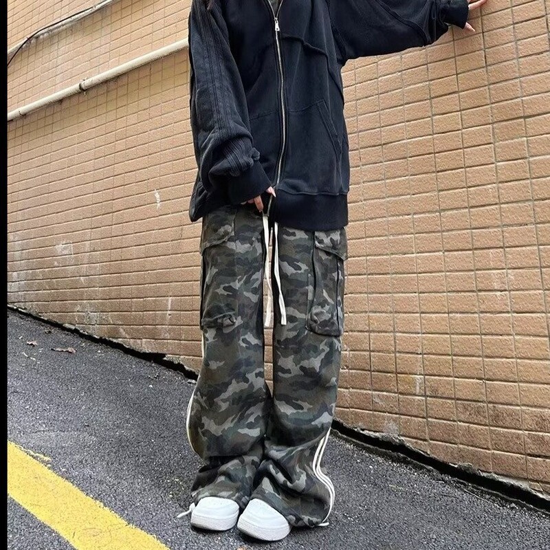 Camouflage Zipper Cargo Pants Women's High Street American Retro Drawstring Pants Trendy Loose Versatile Straight Casual Pants
