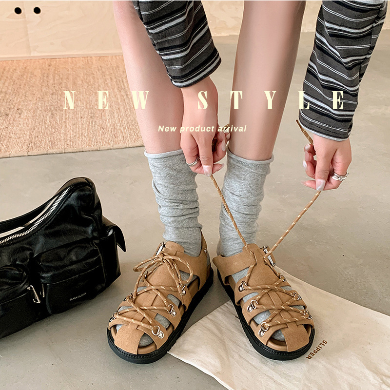 Sandal nữ đế dày dệt quai chéo phong cách La Mã, mũi bít khóa thắt lưng — màu nâu chi tiết 2