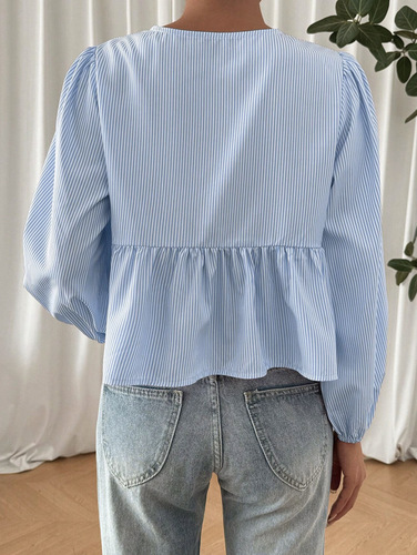 Women's striped front-laced long-sleeved casual top