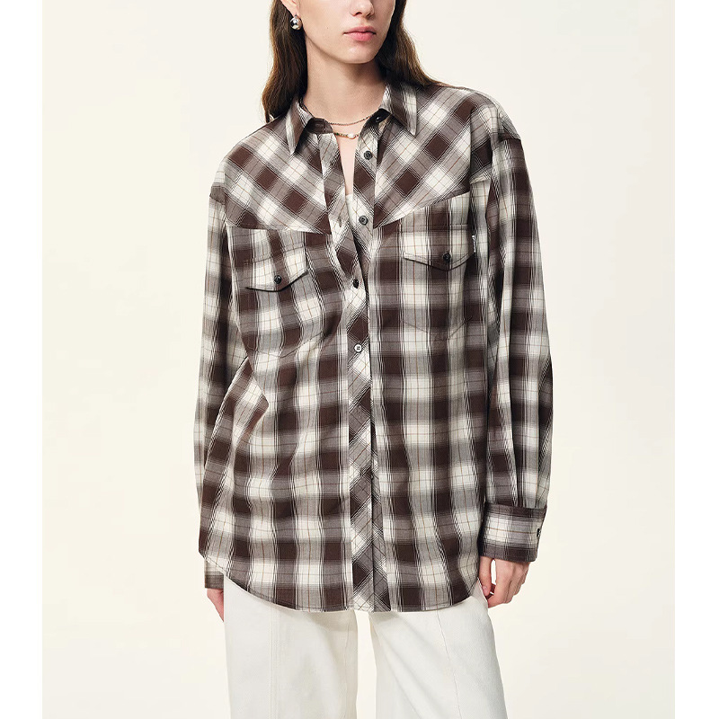 [Fr Order] Ebony Brown Thin Tencel Wool Plaid Korean Style Shirt 2026 Early Spring New Casual Top