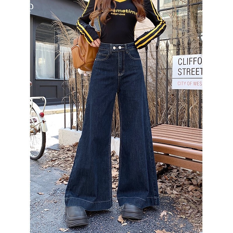 Two-Button Dark Blue Wide-Leg Flared Jeans for Women, Summer High-Waisted, Loose, Slimming, Versatile Floor-Length Pants