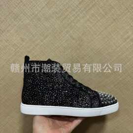 cl andgz男鞋黑色滴胶牛皮银铆钉高帮系带红底鞋情侣女鞋休闲板鞋