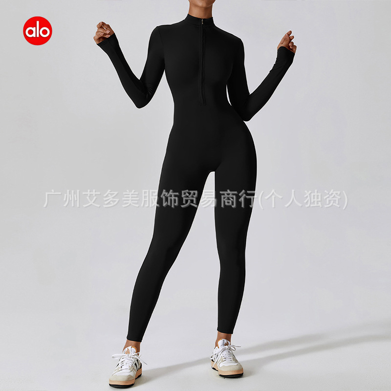 alo跨境欧美拉链裸感长袖瑜伽连体服高强度健身运动连体紧身衣|undefined