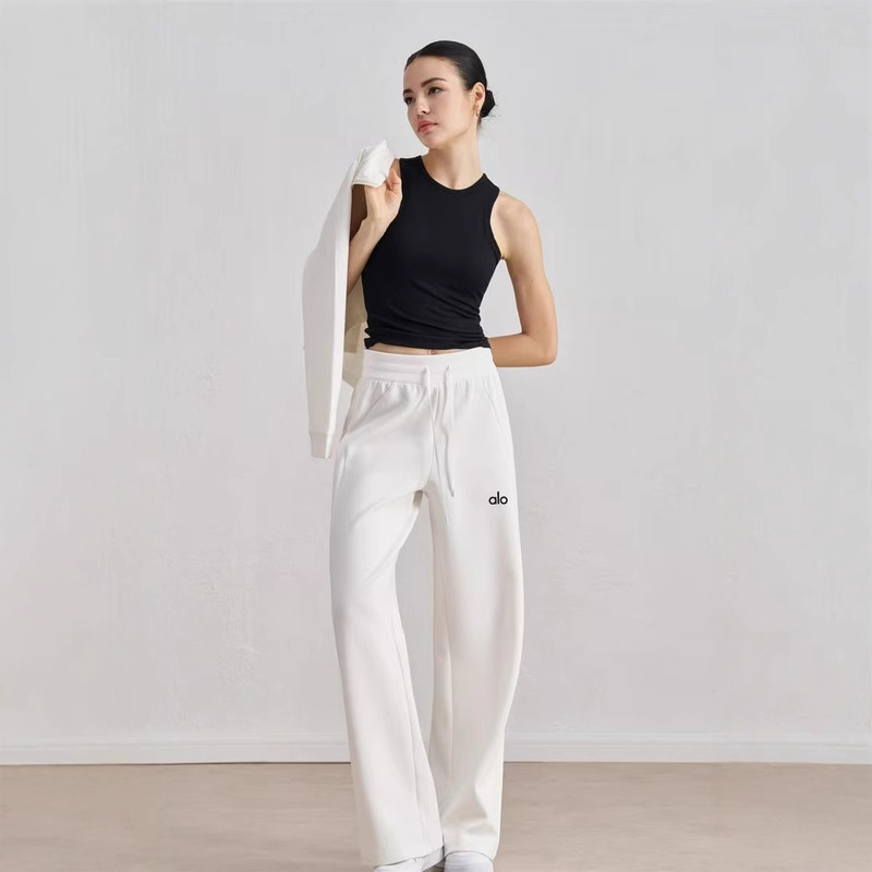 In-Stock Alo Yoga Pants for Women, Drawstring Versatile High-Waisted Straight Loose Casual Wide-Leg Slimming Fitness Sports Trendy