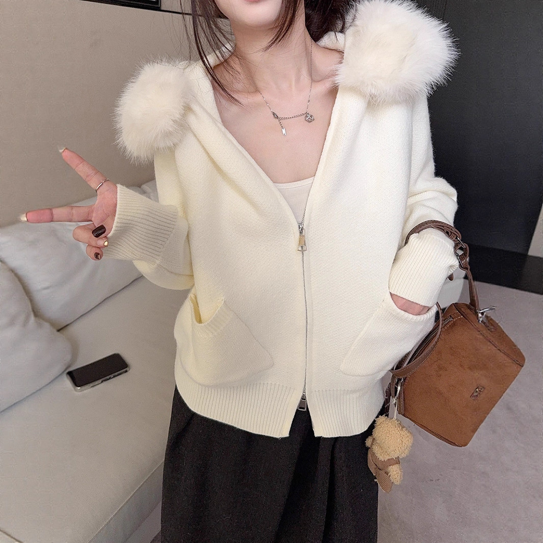 绵羊绒针织衫拉链开衫外套打底衫女秋冬毛领保暖毛衣上衣2025新款