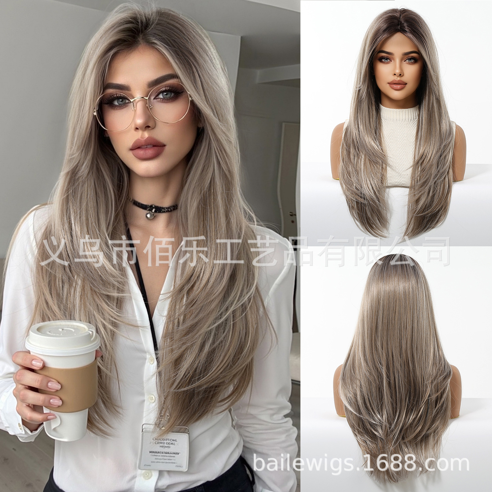 Peluca nueva de color marrón claro, corte medio, capa natural, cabello largo y rizado, casco completo, fibra química europea y americana, moda femenina
