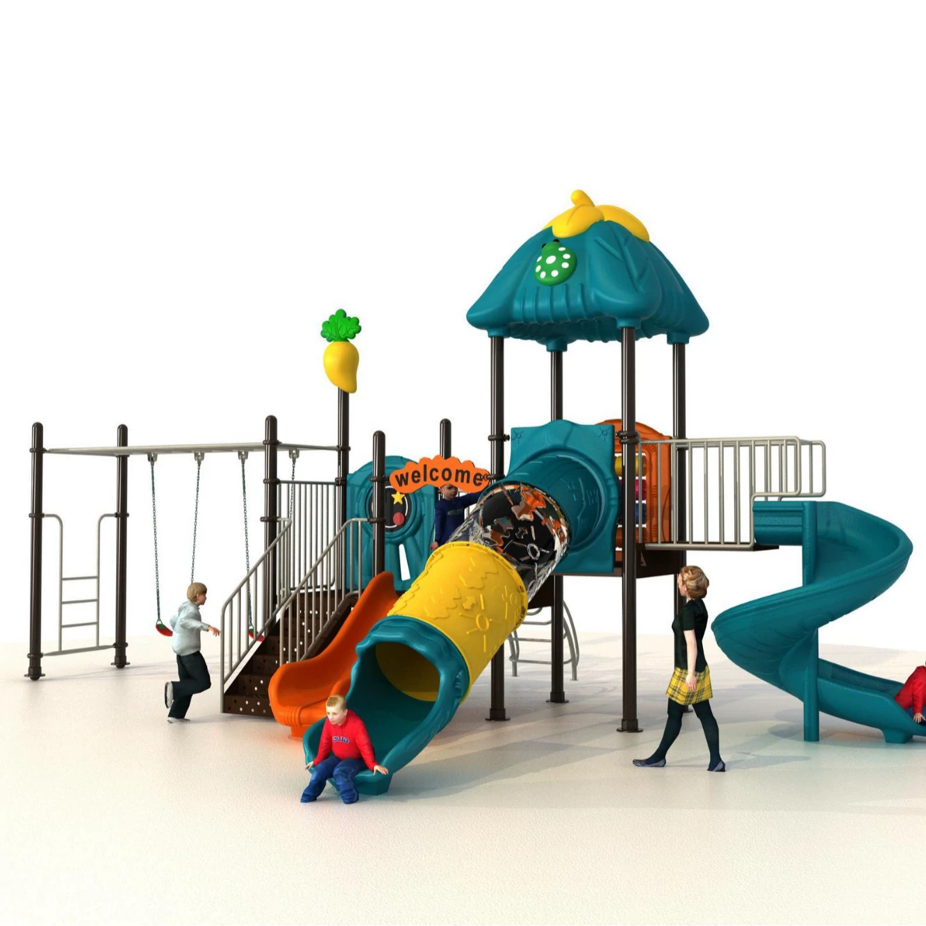 Детская игровая площадка с горкой, многоместными качелями, лазалкой, 89-мм трубчатой колонной, пластиковой горкой, для общественных парков и улиц
