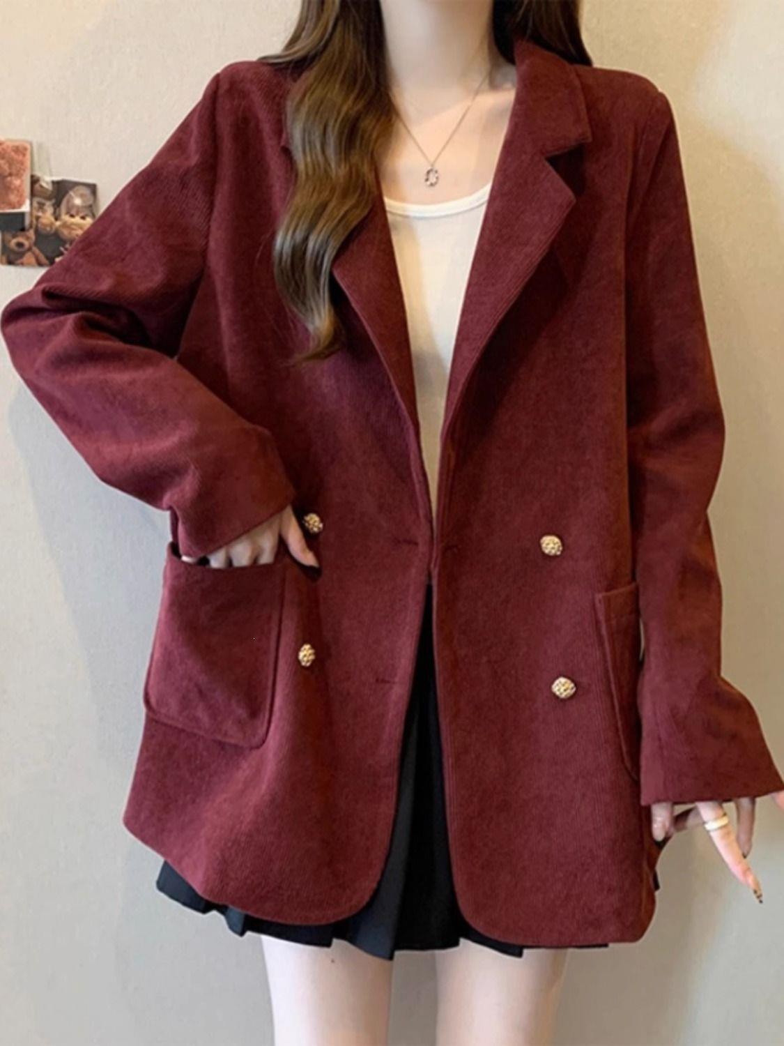 Angora Red Corduroy Straight-Shoulder Blazer for Women, Plus Size, Early Spring, Autumn, Winter, Stylish Top