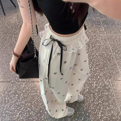 甘いギャルのレースの辺はカジュアルなズボンの蝶結びのズボンの女性の夏のゆったりしている腰の広い足のズボンのストレートなズボンをつなぎ合わせます。