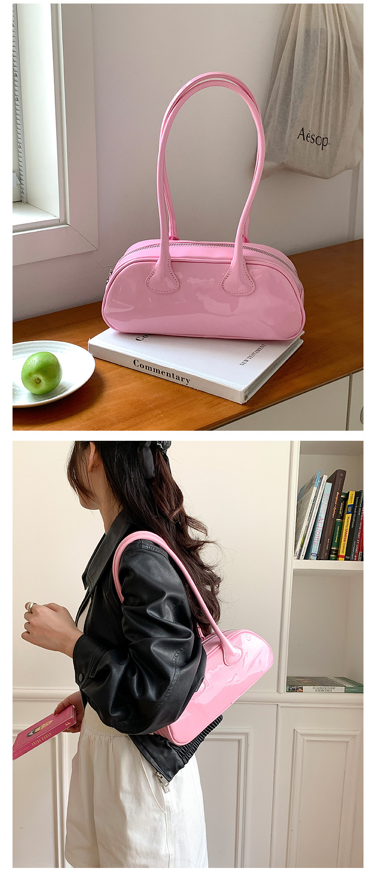 Piccolo gruppo lucido PU stick versione coreana, nuova borsa monospalla sottobraccio, modellatura in vernice, alla moda e_voghion.com