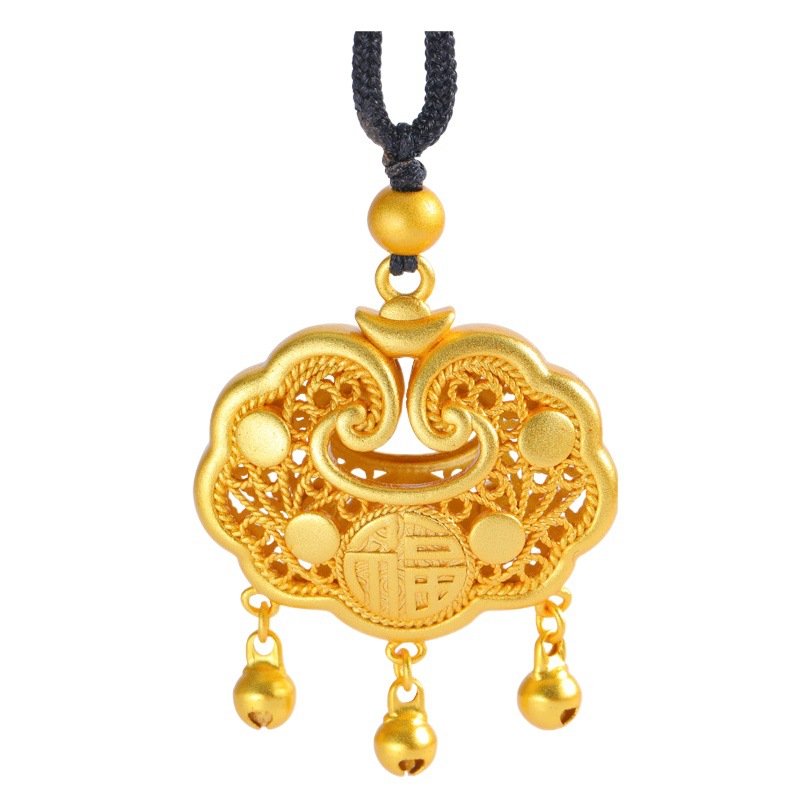 Alluvial Gold Longevity Lock Pendant Safety Lock Cut Out Bell Baby Braided Rope Blessing Lock Women's Jewelry Gold Lock High Color Retention Kidsren