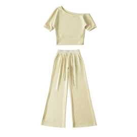 纯欲斜肩短款T恤修身显瘦短袖女上衣+冰丝薄款阔腿微喇直筒裤长裤