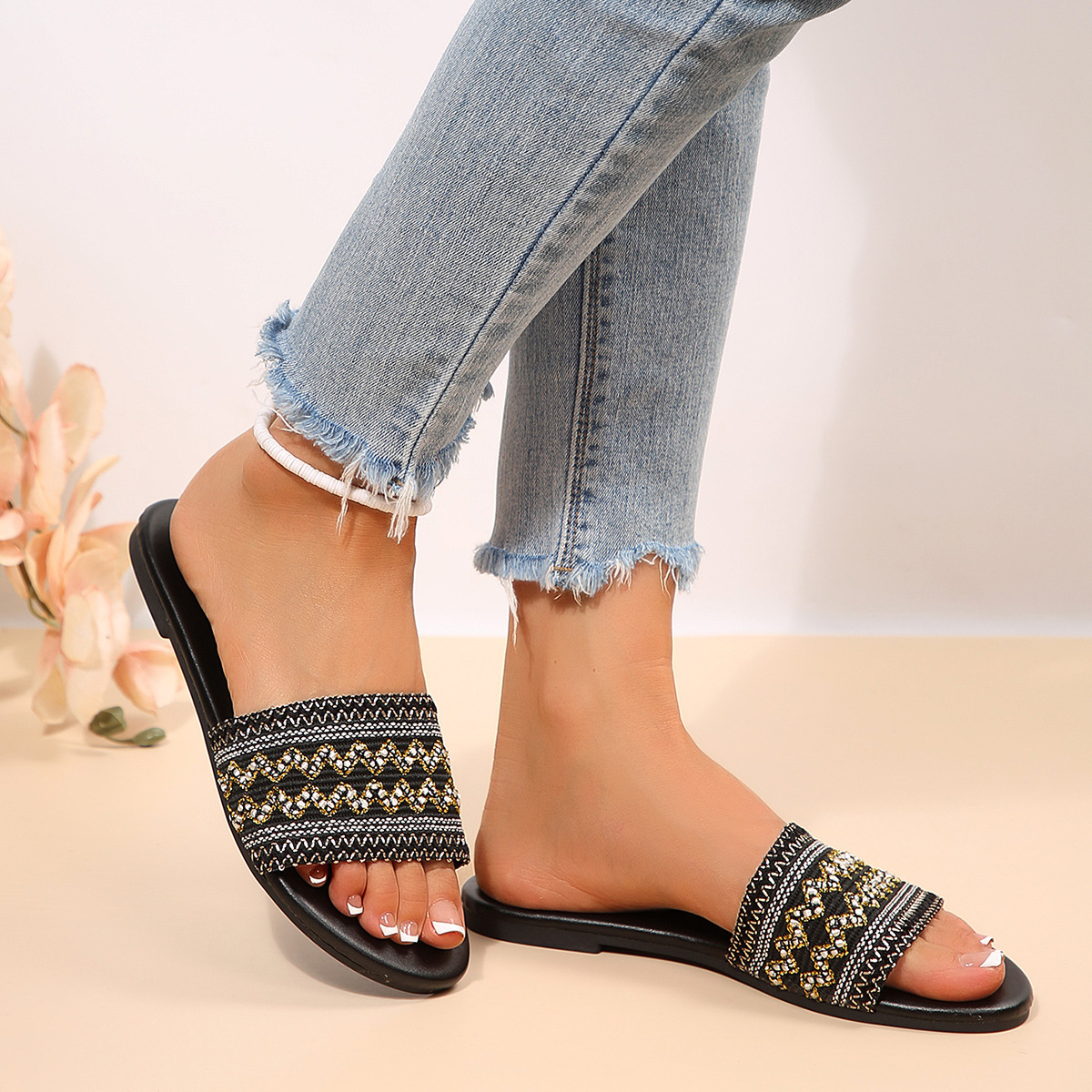 Sandalias Planas para Mujer de Cuero Sintético Cómodo Estilo Étnico para Uso Casual