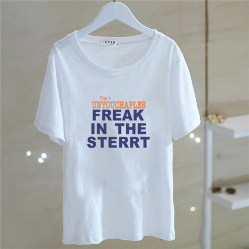 Comfortable Summer Pure Cotton Short Sleeve T-shirt for Women, Korean Style, Versatile Round Neck Letter Print Top, Basic Trendy