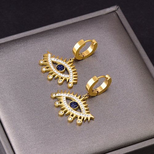 European and American exaggerated style full diamond eye pendant titanium steel flat clavicle chain blue devil's eye earrings necklace set