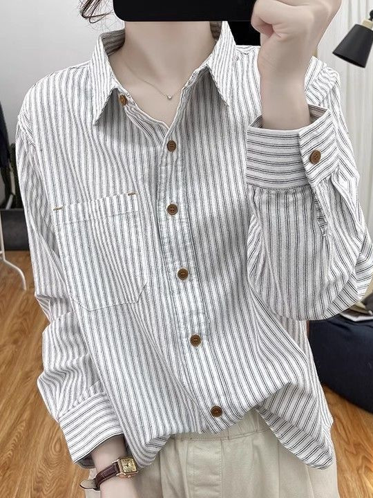 纯棉条纹长袖衬衫女春秋新款小个子宽松复古上衣显瘦防晒打底衬衣|undefined