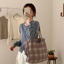 自制复古格纹单肩包韩国大容量托特包秋冬新款通勤包慵懒风帆布包