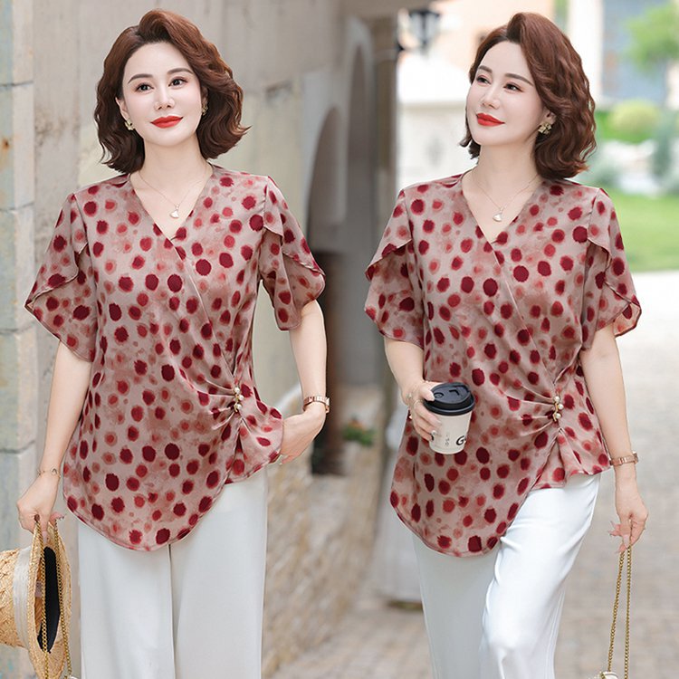 Young Mother Summer T-Shirt Shirt 2025 New Middle-Aged and Elderly Women's Foreign Style Shirt Covering Belly Middle-Aged Shirt Women