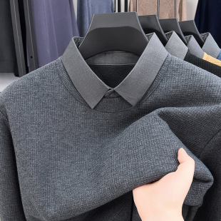 Men's Autumn and Winter fleece-lined Thickened Wool Fake Two-piece Sweater Men's Fashion Korean Casual Base Sweater Shirt