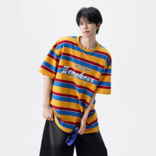 美式复古彩虹条纹撞色短袖T恤男女2025夏季新款宽松百搭情侣半袖