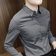 男士衬衫长袖春秋季2025新款高级感男装商务休闲修身格子男款衬衣